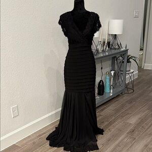 Betsy & Adam Black Lace Bodice Chiffon Mermaid Gown